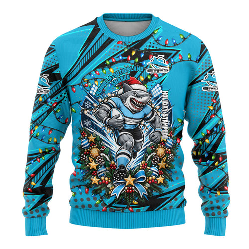 Personalized Cronulla Sutherland Sharks Rugby Christmas Ugly Christmas Sweater Holiday Mascot Graphic Art Festive Lights Bow