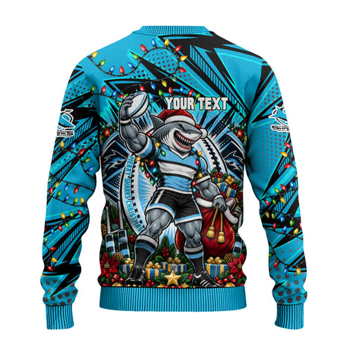 Personalized Cronulla Sutherland Sharks Rugby Christmas Ugly Christmas Sweater Holiday Mascot Graphic Art Festive Lights Bow