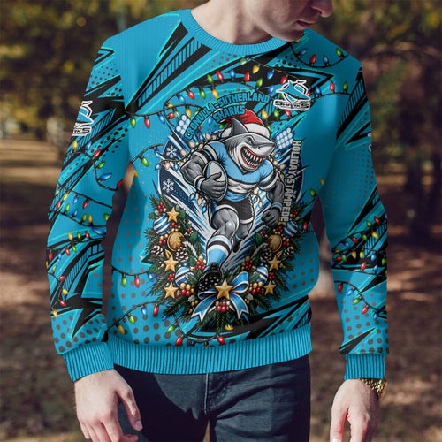 Personalized Cronulla Sutherland Sharks Rugby Christmas Ugly Christmas Sweater Holiday Mascot Graphic Art Festive Lights Bow