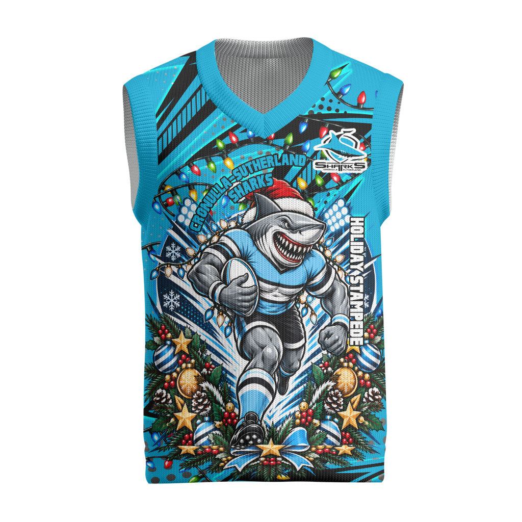 Personalized Cronulla Sutherland Sharks Rugby Christmas Knitted V-Neck Vest Holiday Mascot Graphic Art Festive Lights Bow