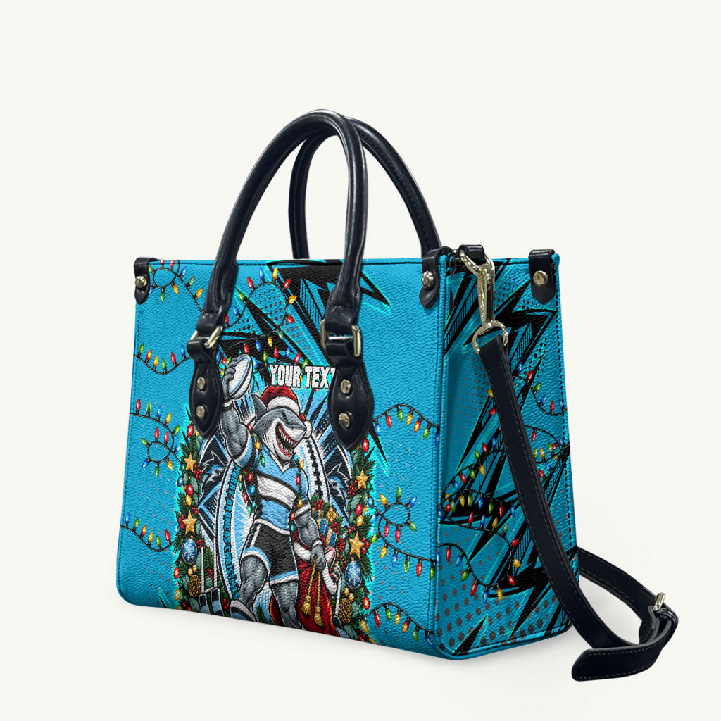 Personalized Cronulla Sutherland Sharks Rugby Christmas Leather Bag Holiday Mascot Graphic Art Festive Lights Bow