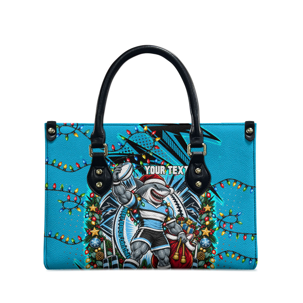 Personalized Cronulla Sutherland Sharks Rugby Christmas Leather Bag Holiday Mascot Graphic Art Festive Lights Bow