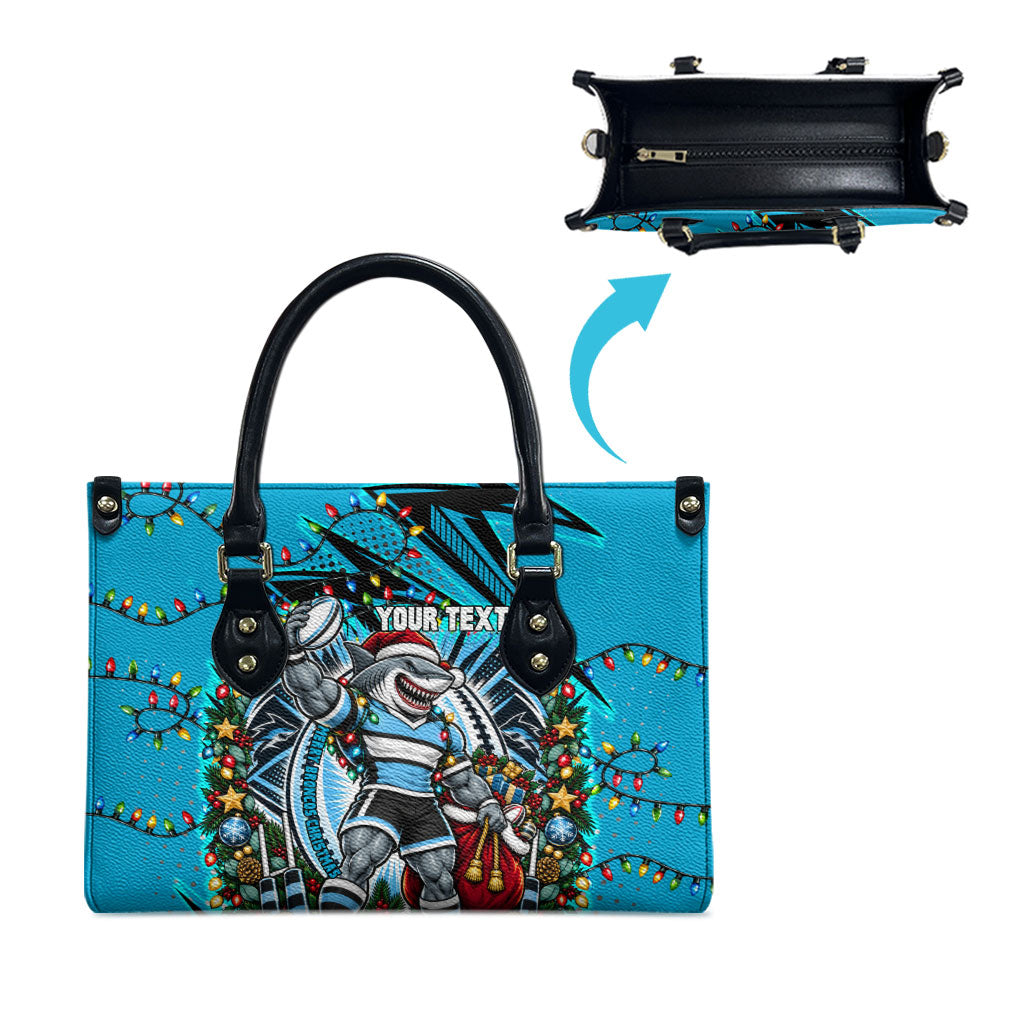 Personalized Cronulla Sutherland Sharks Rugby Christmas Leather Bag Holiday Mascot Graphic Art Festive Lights Bow