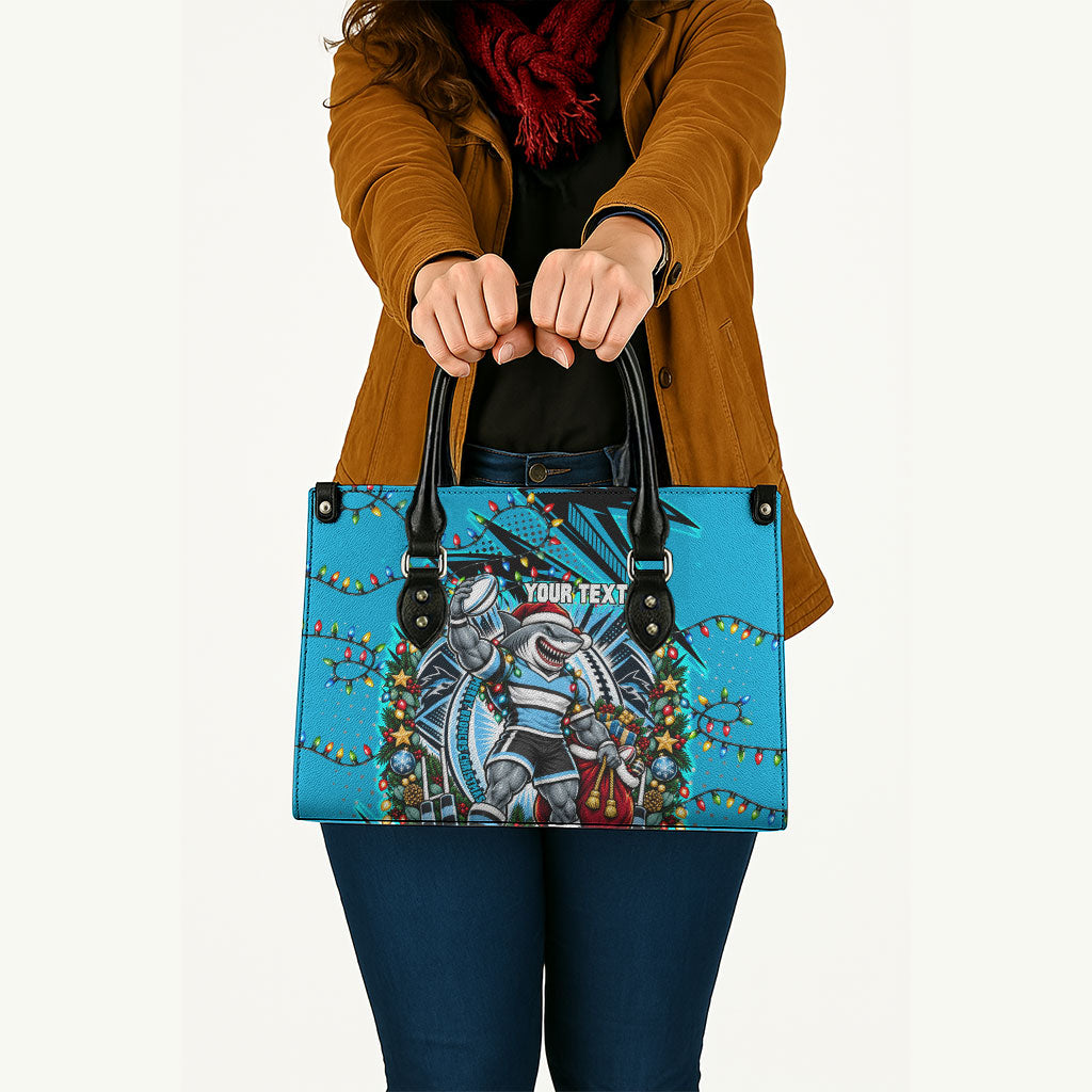 Personalized Cronulla Sutherland Sharks Rugby Christmas Leather Bag Holiday Mascot Graphic Art Festive Lights Bow
