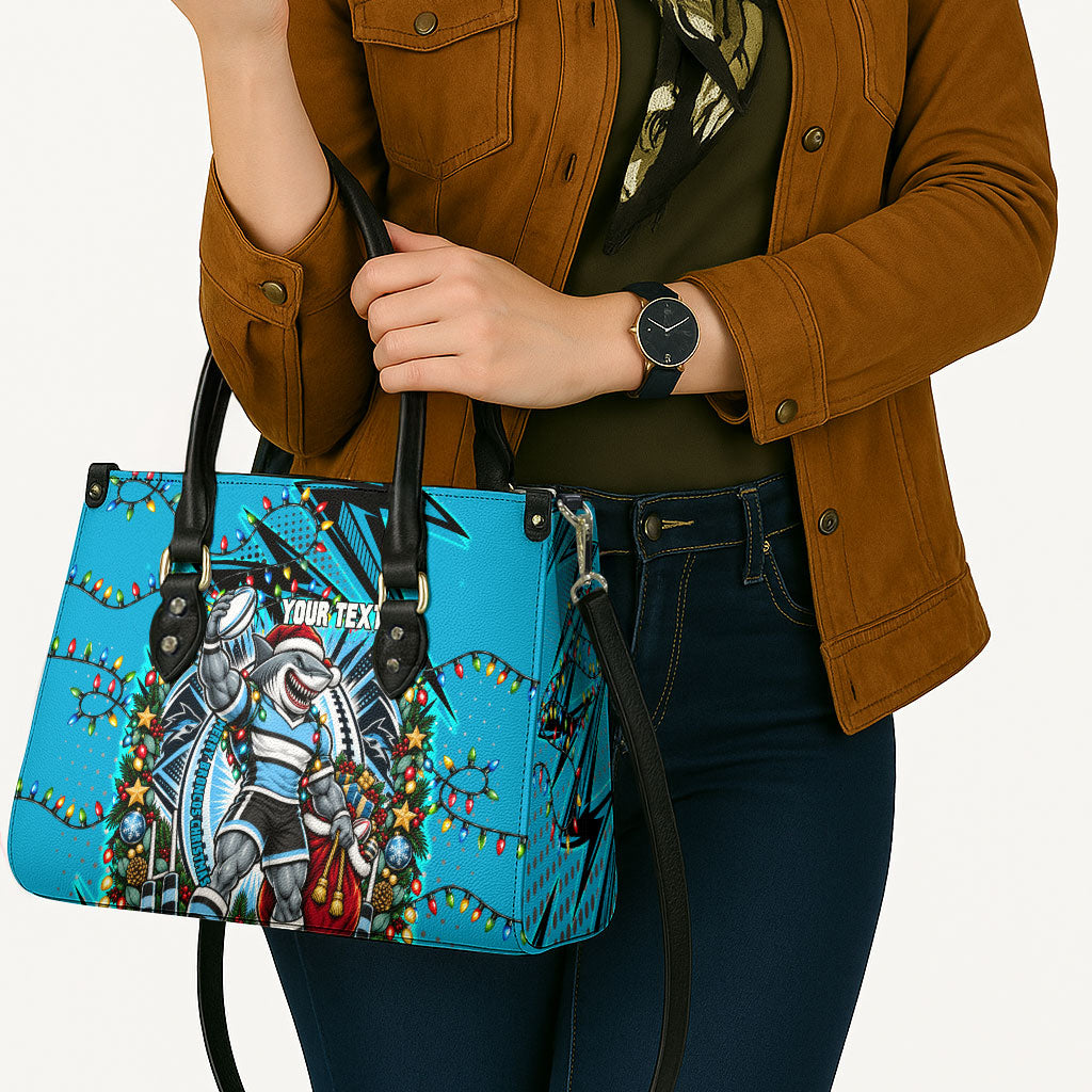 Personalized Cronulla Sutherland Sharks Rugby Christmas Leather Bag Holiday Mascot Graphic Art Festive Lights Bow
