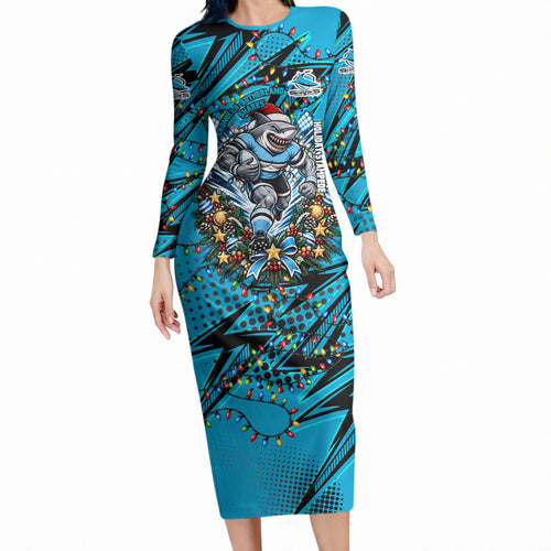Personalized Cronulla Sutherland Sharks Rugby Christmas Long Sleeve Bodycon Dress Holiday Mascot Graphic Art Festive Lights Bow