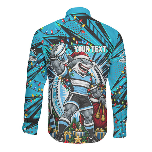Personalized Cronulla Sutherland Sharks Rugby Christmas Long Sleeve Button Shirt Holiday Mascot Graphic Art Festive Lights Bow