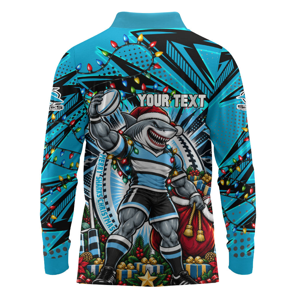 Personalized Cronulla Sutherland Sharks Rugby Christmas Long Sleeve Polo Shirt Holiday Mascot Graphic Art Festive Lights Bow