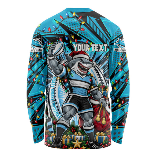 Personalized Cronulla Sutherland Sharks Rugby Christmas Long Sleeve Shirt Holiday Mascot Graphic Art Festive Lights Bow