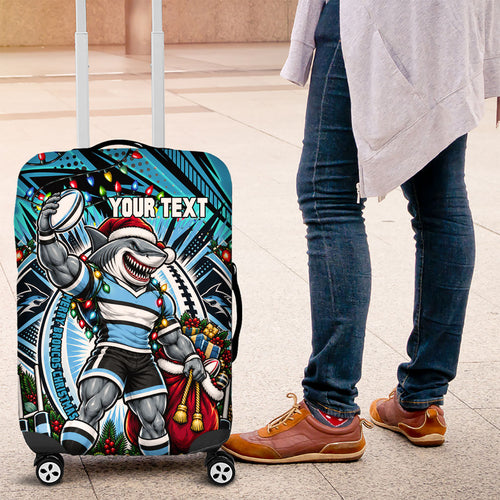Personalized Cronulla Sutherland Sharks Rugby Christmas Luggage Cover Holiday Mascot Graphic Art Festive Lights Bow