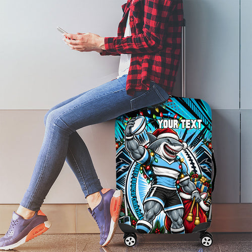 Personalized Cronulla Sutherland Sharks Rugby Christmas Luggage Cover Holiday Mascot Graphic Art Festive Lights Bow
