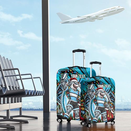 Personalized Cronulla Sutherland Sharks Rugby Christmas Luggage Cover Holiday Mascot Graphic Art Festive Lights Bow
