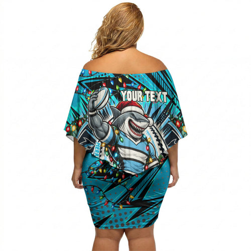 Personalized Cronulla Sutherland Sharks Rugby Christmas Off Shoulder Short Dress Holiday Mascot Graphic Art Festive Lights Bow