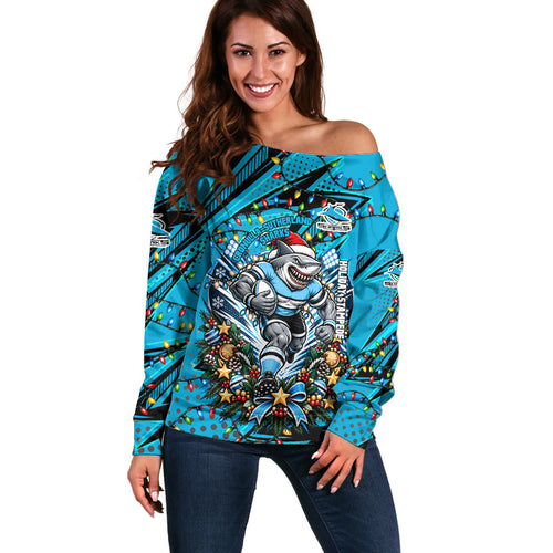 Personalized Cronulla Sutherland Sharks Rugby Christmas Off Shoulder Sweater Holiday Mascot Graphic Art Festive Lights Bow