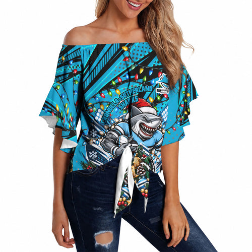 Personalized Cronulla Sutherland Sharks Rugby Christmas Off Shoulder Wrap Waist Top Holiday Mascot Graphic Art Festive Lights Bow