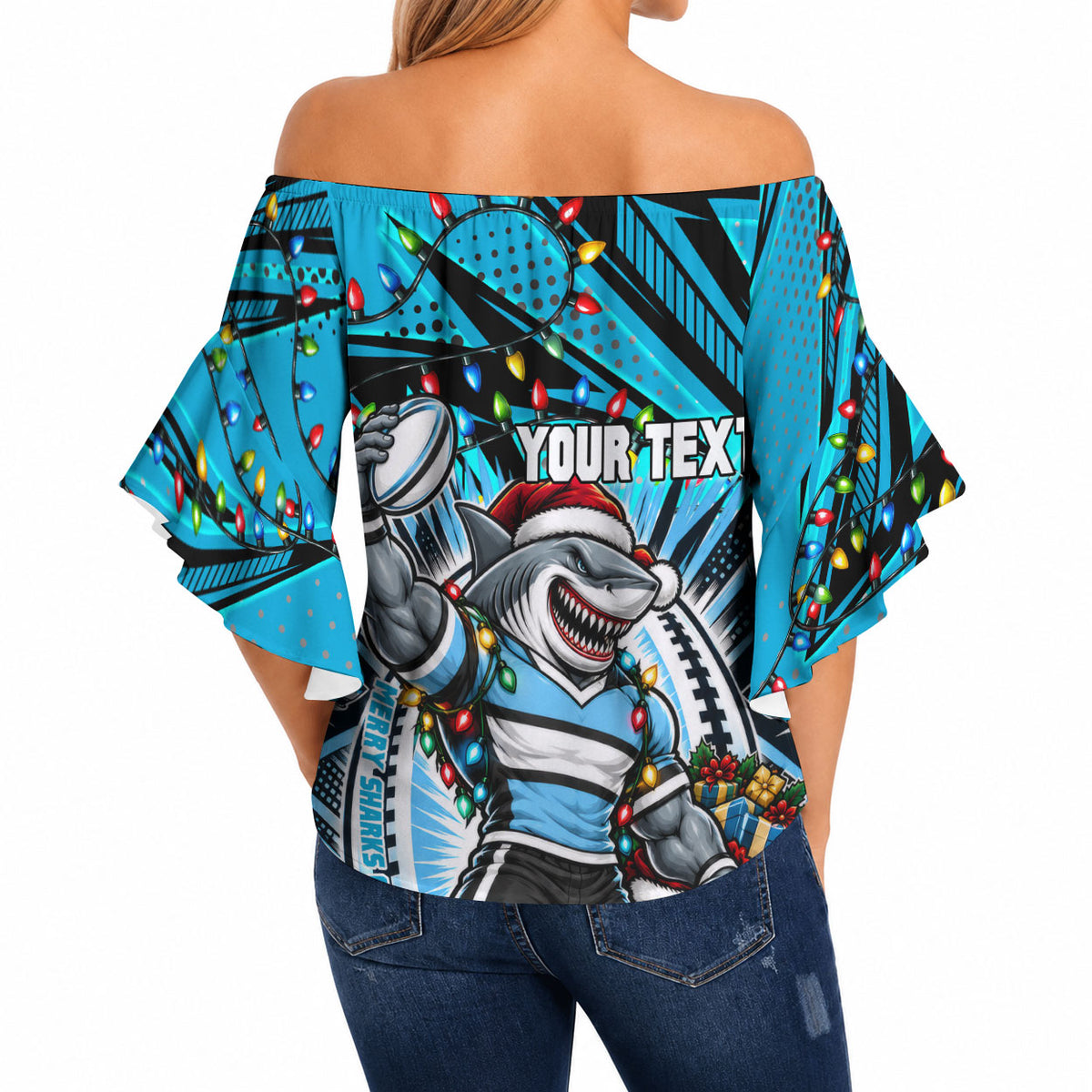 Personalized Cronulla Sutherland Sharks Rugby Christmas Off Shoulder Wrap Waist Top Holiday Mascot Graphic Art Festive Lights Bow