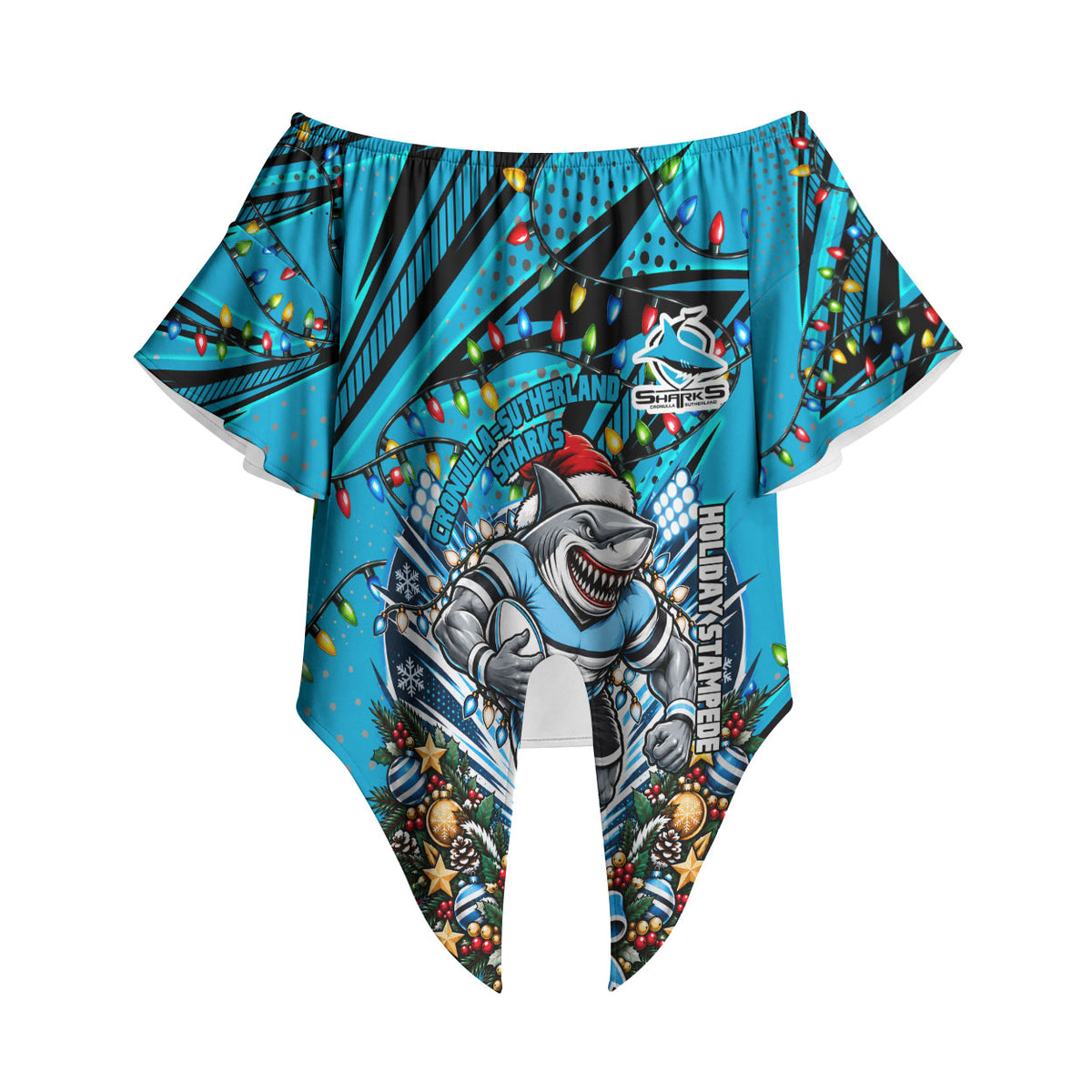 Personalized Cronulla Sutherland Sharks Rugby Christmas Off Shoulder Wrap Waist Top Holiday Mascot Graphic Art Festive Lights Bow