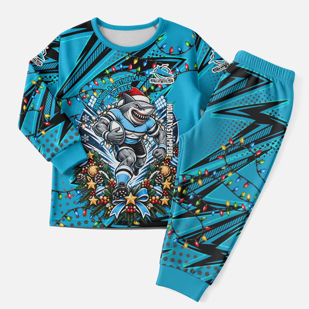 Personalized Cronulla Sutherland Sharks Rugby Christmas Pajama Set Holiday Mascot Graphic Art Festive Lights Bow
