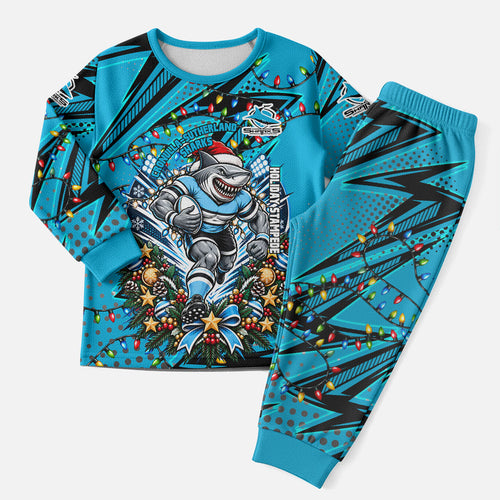 Personalized Cronulla Sutherland Sharks Rugby Christmas Pajama Set Holiday Mascot Graphic Art Festive Lights Bow