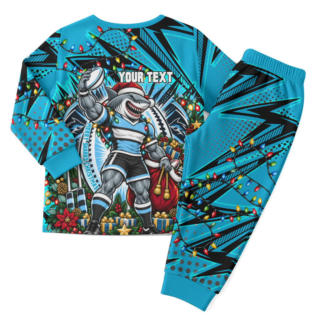 Personalized Cronulla Sutherland Sharks Rugby Christmas Pajama Set Holiday Mascot Graphic Art Festive Lights Bow
