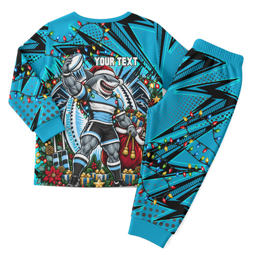 Personalized Cronulla Sutherland Sharks Rugby Christmas Pajama Set Holiday Mascot Graphic Art Festive Lights Bow