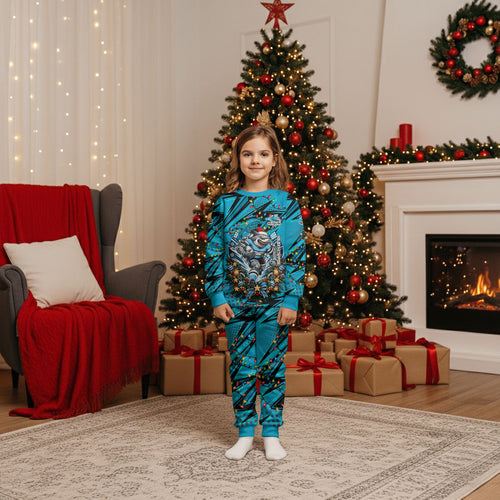 Personalized Cronulla Sutherland Sharks Rugby Christmas Pajama Set Holiday Mascot Graphic Art Festive Lights Bow