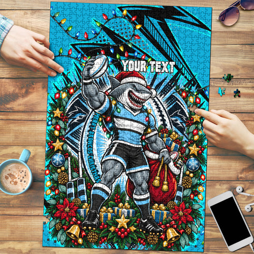 Personalized Cronulla Sutherland Sharks Rugby Christmas Puzzle Holiday Mascot Graphic Art Festive Lights Bow