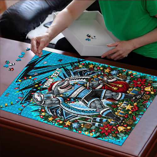 Personalized Cronulla Sutherland Sharks Rugby Christmas Puzzle Holiday Mascot Graphic Art Festive Lights Bow