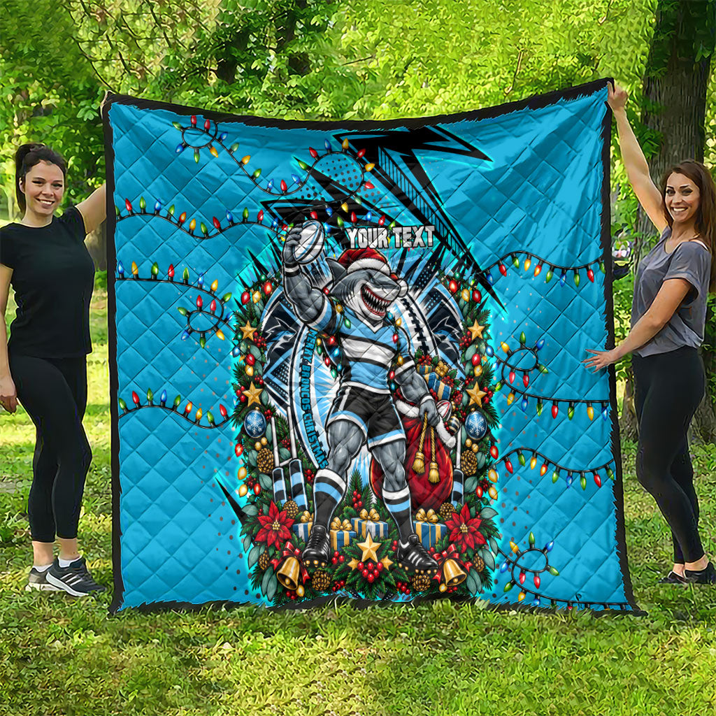 Personalized Cronulla Sutherland Sharks Rugby Christmas Quilt Holiday Mascot Graphic Art Festive Lights Bow