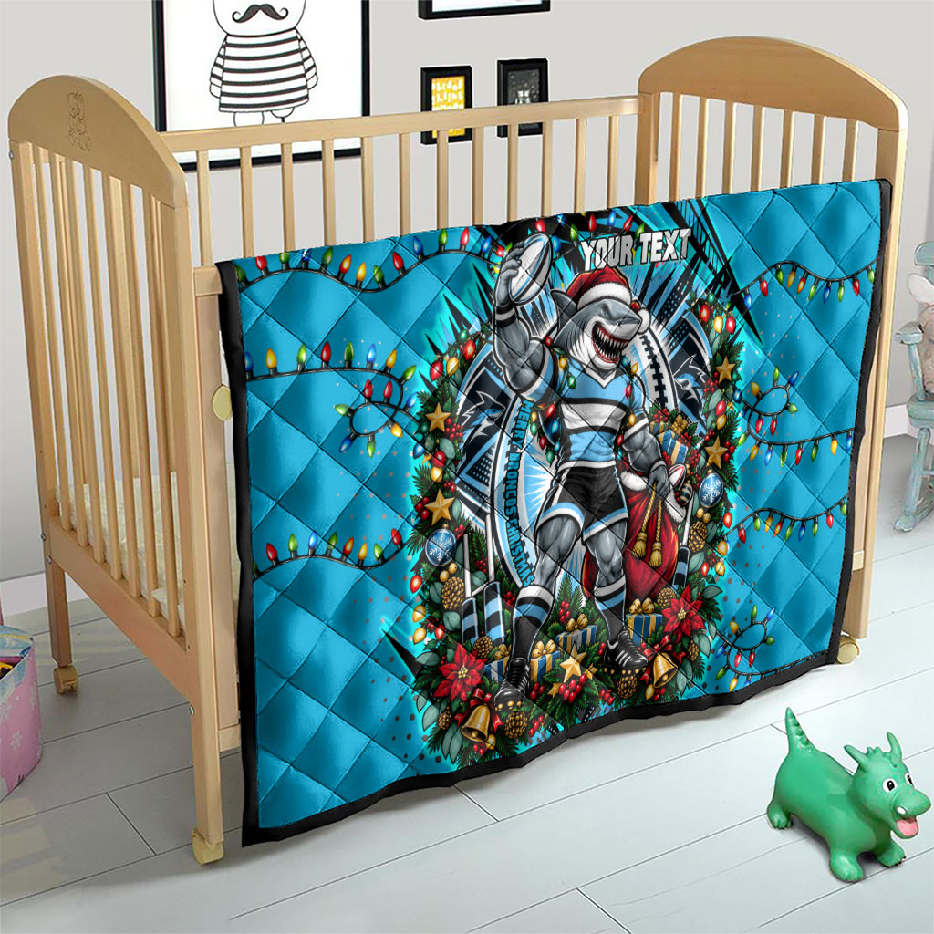 Personalized Cronulla Sutherland Sharks Rugby Christmas Quilt Holiday Mascot Graphic Art Festive Lights Bow