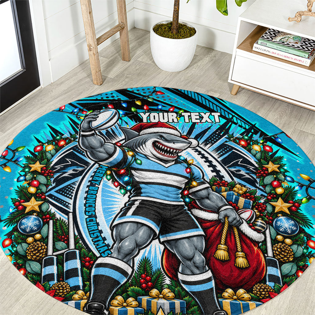 Personalized Cronulla Sutherland Sharks Rugby Christmas Round Carpet Holiday Mascot Graphic Art Festive Lights Bow