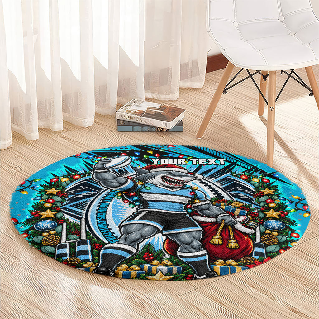 Personalized Cronulla Sutherland Sharks Rugby Christmas Round Carpet Holiday Mascot Graphic Art Festive Lights Bow