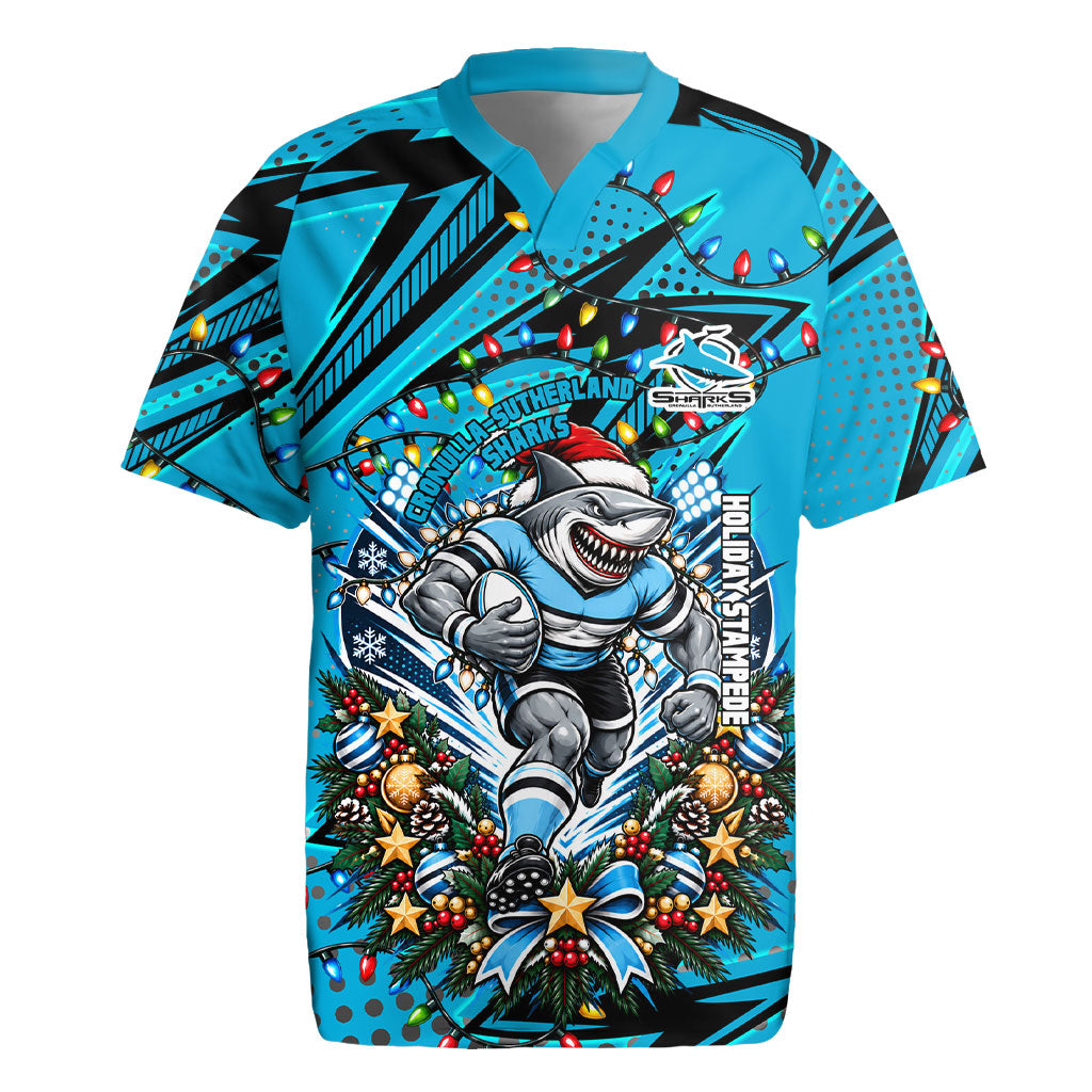 Personalized Cronulla Sutherland Sharks Rugby Christmas Rugby Jersey Holiday Mascot Graphic Art Festive Lights Bow