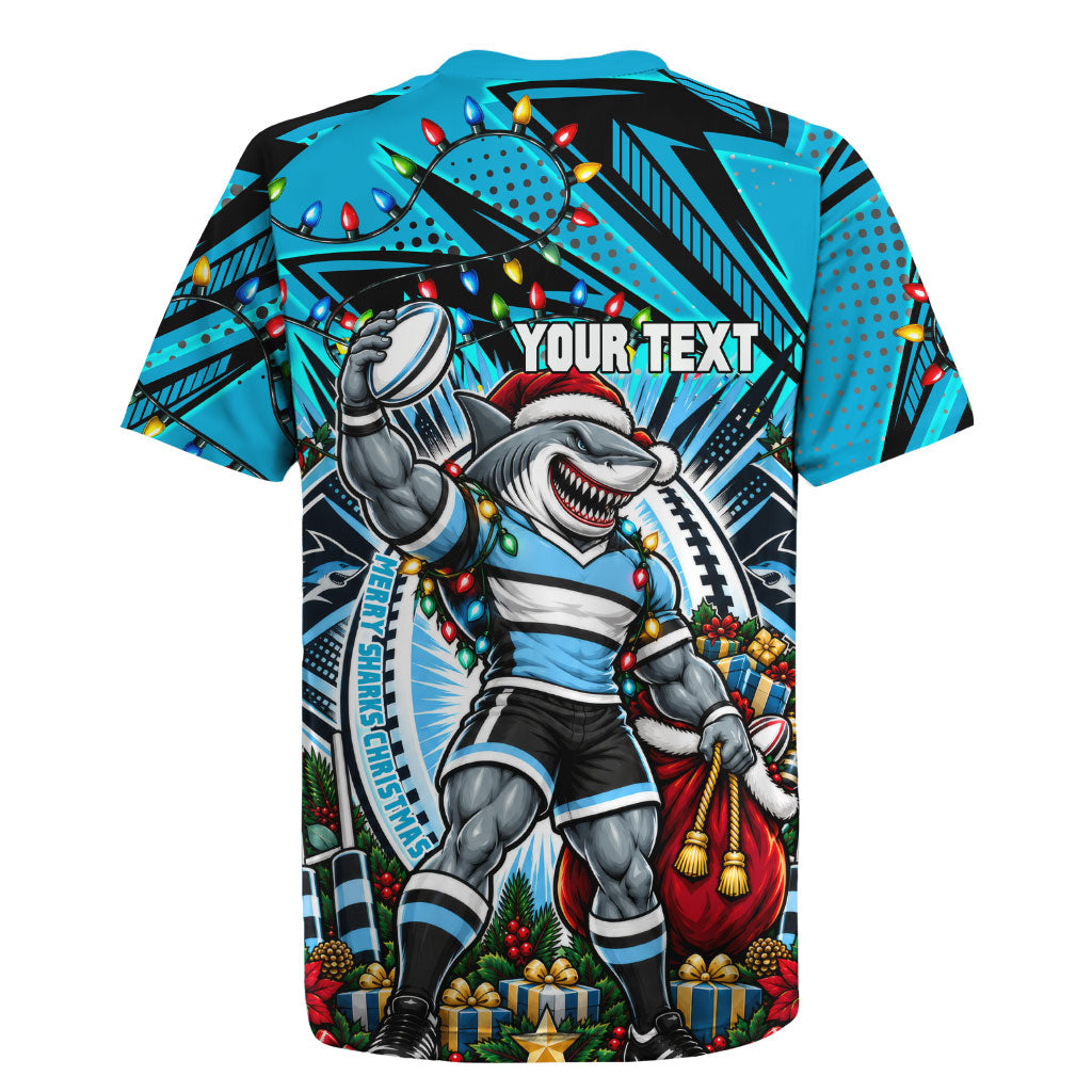 Personalized Cronulla Sutherland Sharks Rugby Christmas Rugby Jersey Holiday Mascot Graphic Art Festive Lights Bow
