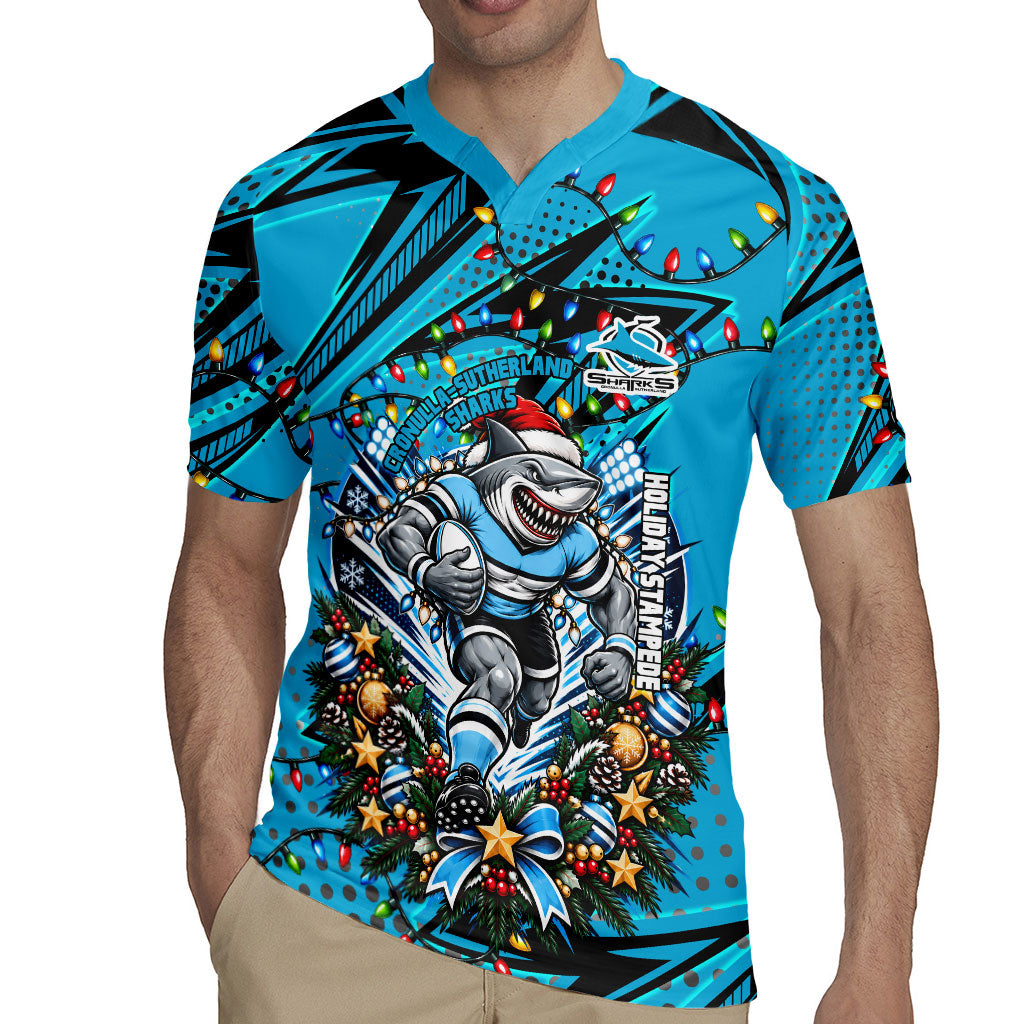 Personalized Cronulla Sutherland Sharks Rugby Christmas Rugby Jersey Holiday Mascot Graphic Art Festive Lights Bow