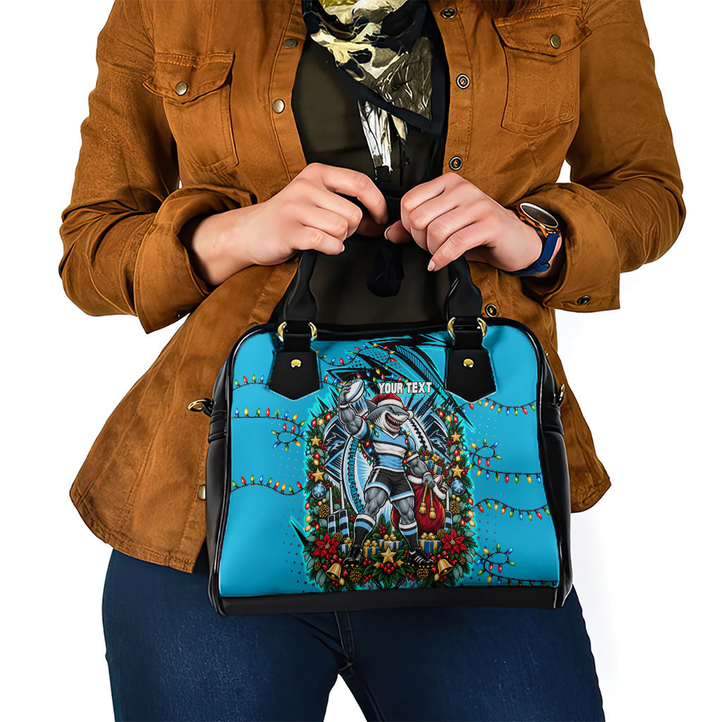 Personalized Cronulla Sutherland Sharks Rugby Christmas Shoulder Handbag Holiday Mascot Graphic Art Festive Lights Bow