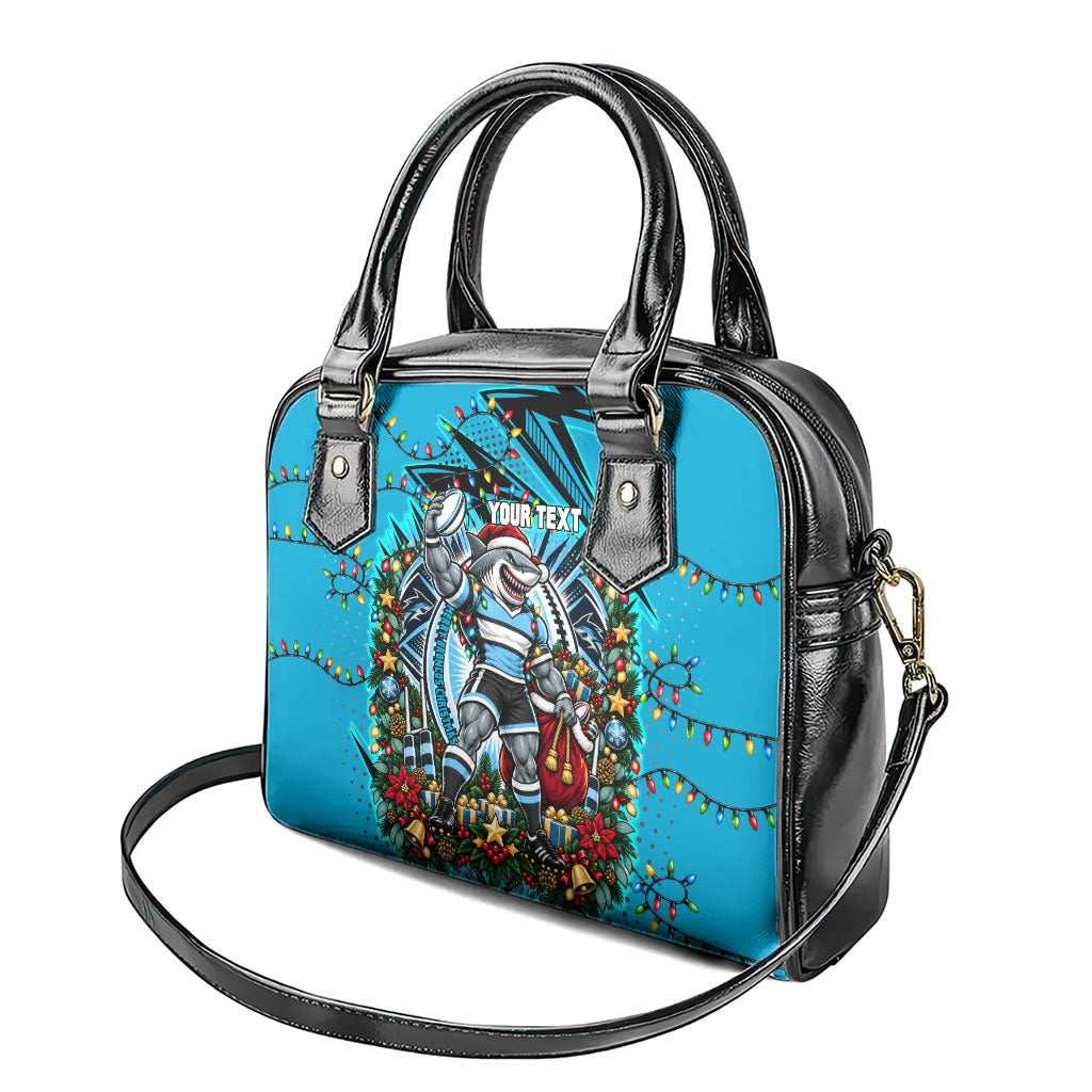 Personalized Cronulla Sutherland Sharks Rugby Christmas Shoulder Handbag Holiday Mascot Graphic Art Festive Lights Bow