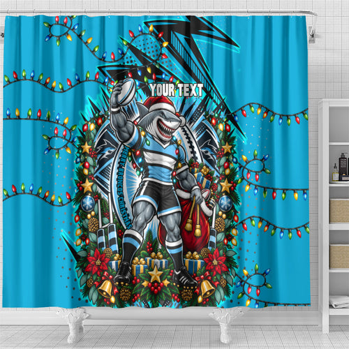 Personalized Cronulla Sutherland Sharks Rugby Christmas Shower Curtain Holiday Mascot Graphic Art Festive Lights Bow
