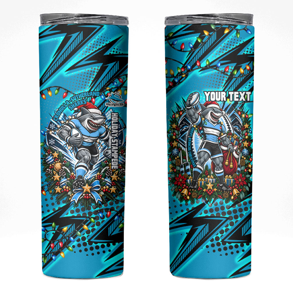 Personalized Cronulla Sutherland Sharks Rugby Christmas Skinny Tumbler Holiday Mascot Graphic Art Festive Lights Bow