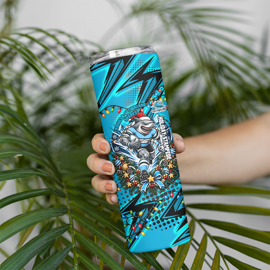 Personalized Cronulla Sutherland Sharks Rugby Christmas Skinny Tumbler Holiday Mascot Graphic Art Festive Lights Bow