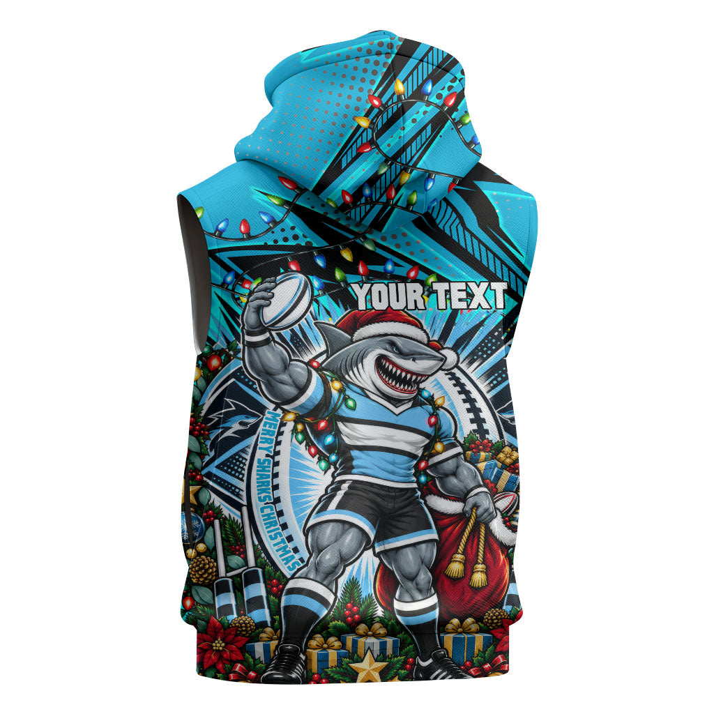 Personalized Cronulla Sutherland Sharks Rugby Christmas Sleeveless Hoodie Holiday Mascot Graphic Art Festive Lights Bow