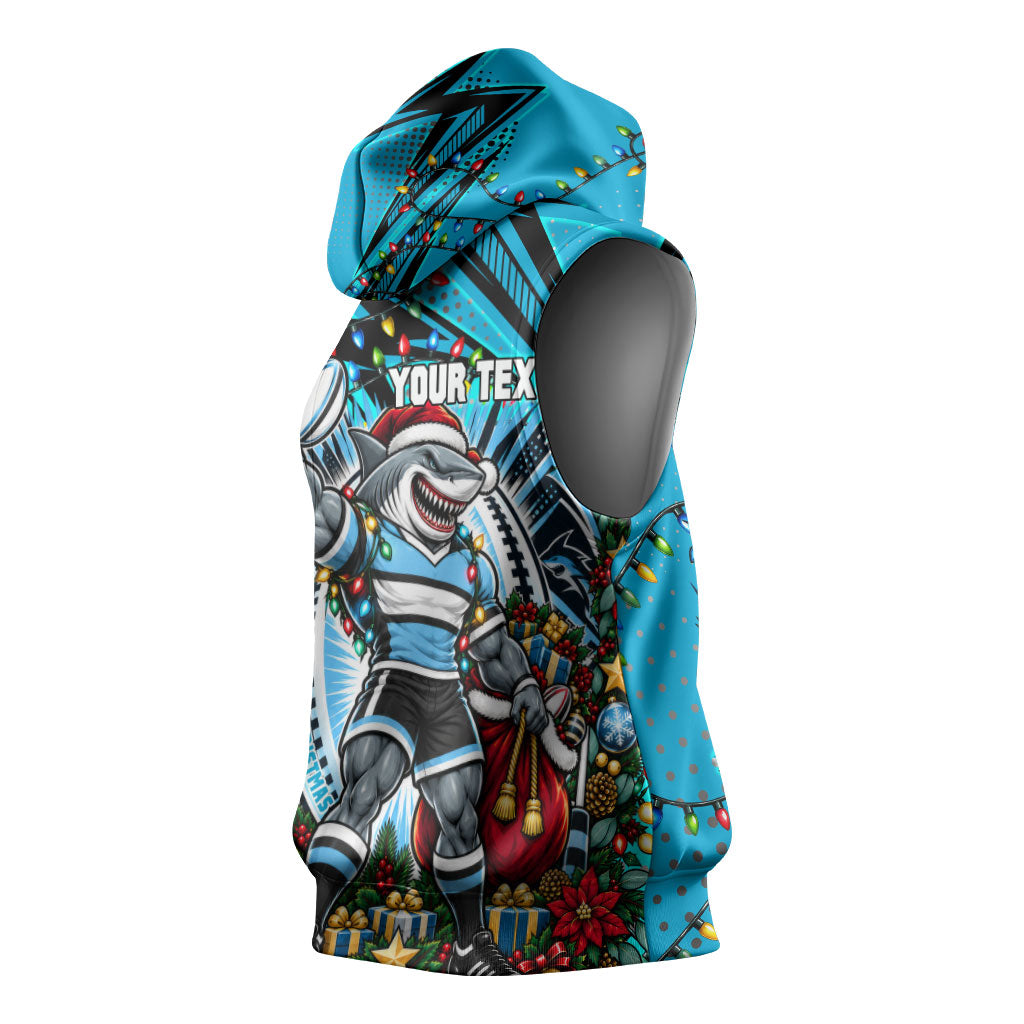 Personalized Cronulla Sutherland Sharks Rugby Christmas Sleeveless Hoodie Holiday Mascot Graphic Art Festive Lights Bow