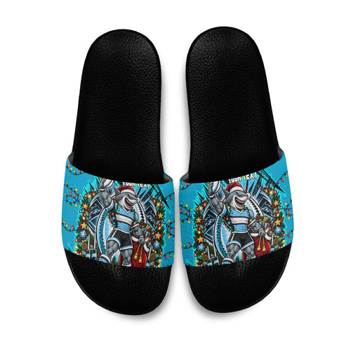 Personalized Cronulla Sutherland Sharks Rugby Christmas Slide Sandals Holiday Mascot Graphic Art Festive Lights Bow