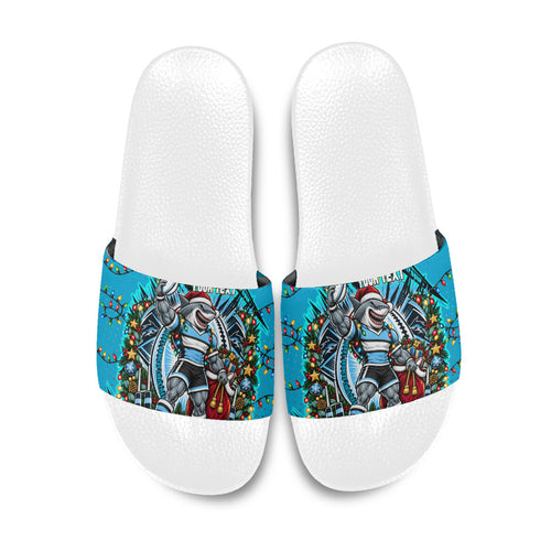 Personalized Cronulla Sutherland Sharks Rugby Christmas Slide Sandals Holiday Mascot Graphic Art Festive Lights Bow