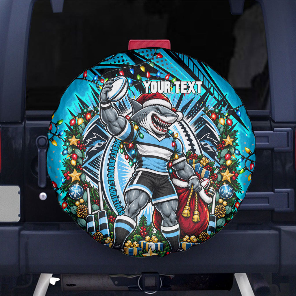 Personalized Cronulla Sutherland Sharks Rugby Christmas Spare Tire Cover Holiday Mascot Graphic Art Festive Lights Bow