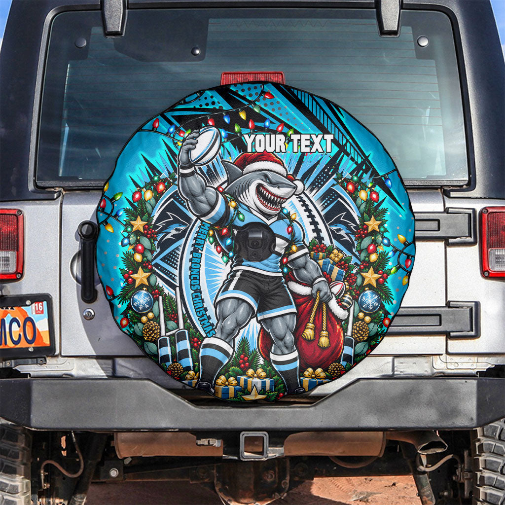 Personalized Cronulla Sutherland Sharks Rugby Christmas Spare Tire Cover Holiday Mascot Graphic Art Festive Lights Bow