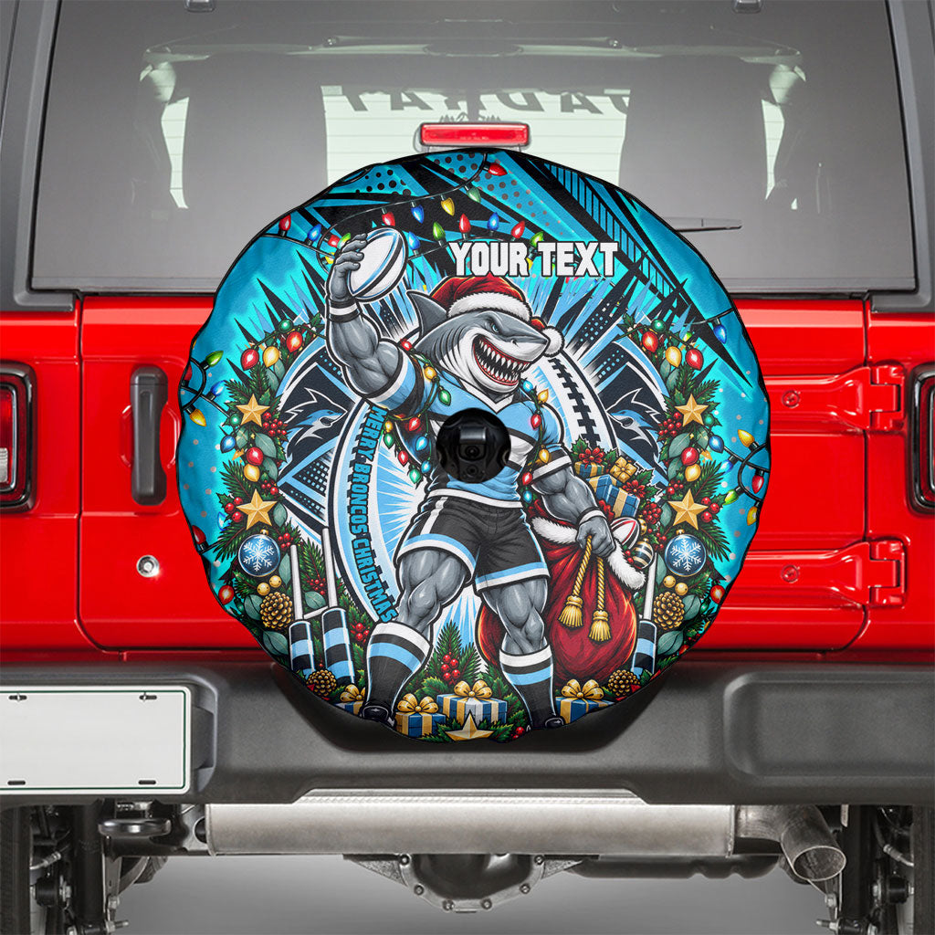Personalized Cronulla Sutherland Sharks Rugby Christmas Spare Tire Cover Holiday Mascot Graphic Art Festive Lights Bow