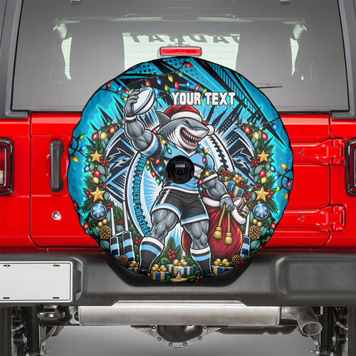 Personalized Cronulla Sutherland Sharks Rugby Christmas Spare Tire Cover Holiday Mascot Graphic Art Festive Lights Bow