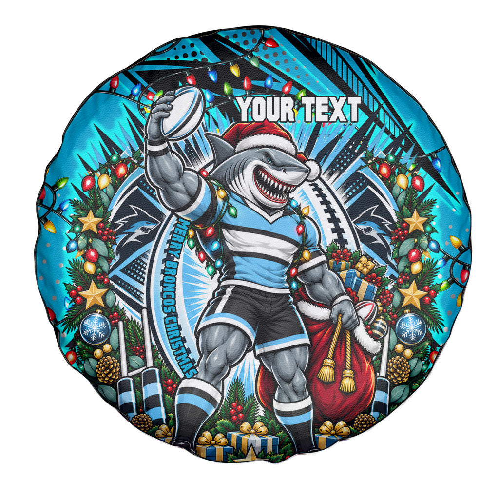 Personalized Cronulla Sutherland Sharks Rugby Christmas Spare Tire Cover Holiday Mascot Graphic Art Festive Lights Bow