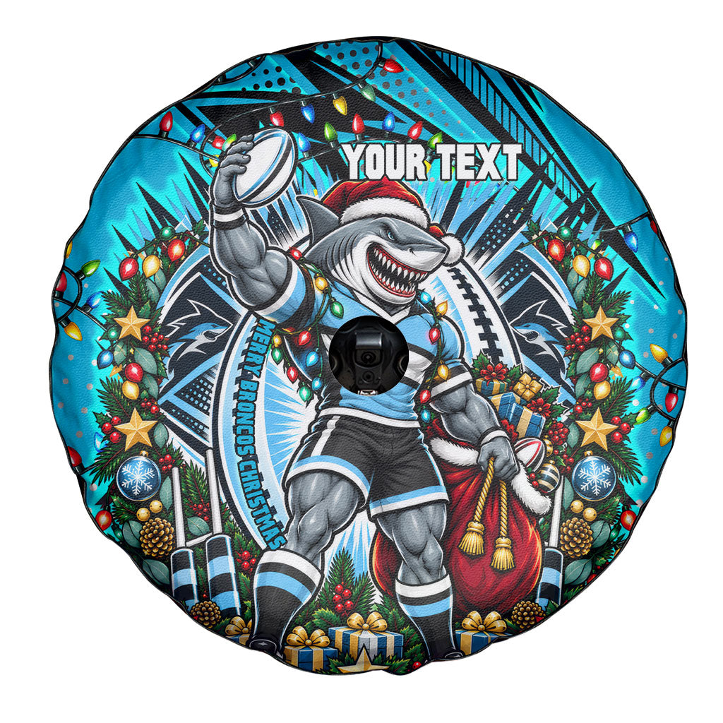 Personalized Cronulla Sutherland Sharks Rugby Christmas Spare Tire Cover Holiday Mascot Graphic Art Festive Lights Bow